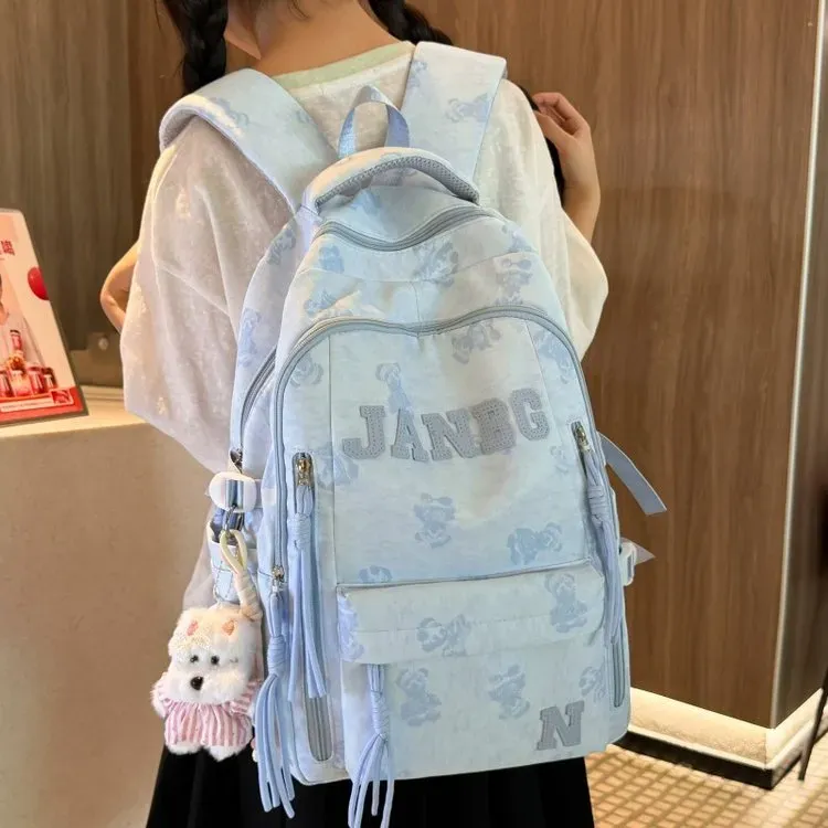 Tas Ransel Wanita Bahan Nylon Motif Print Warna Pink Bentuk Kotak Tali Lebar Resleting Grosir