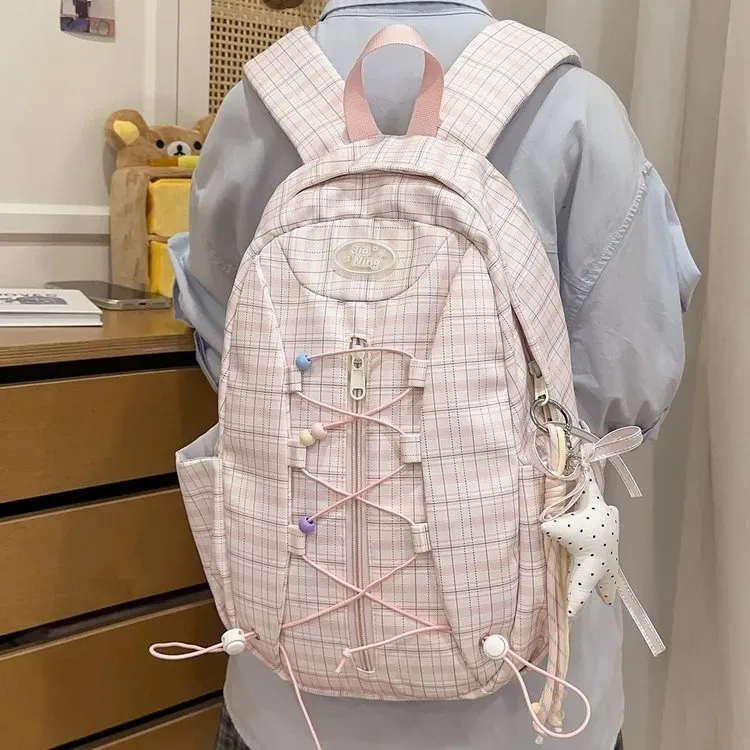Tas Ransel Wanita Bahan Nylon Motif Print Warna Pink Bentuk Kotak Tali Lebar Resleting Grosir