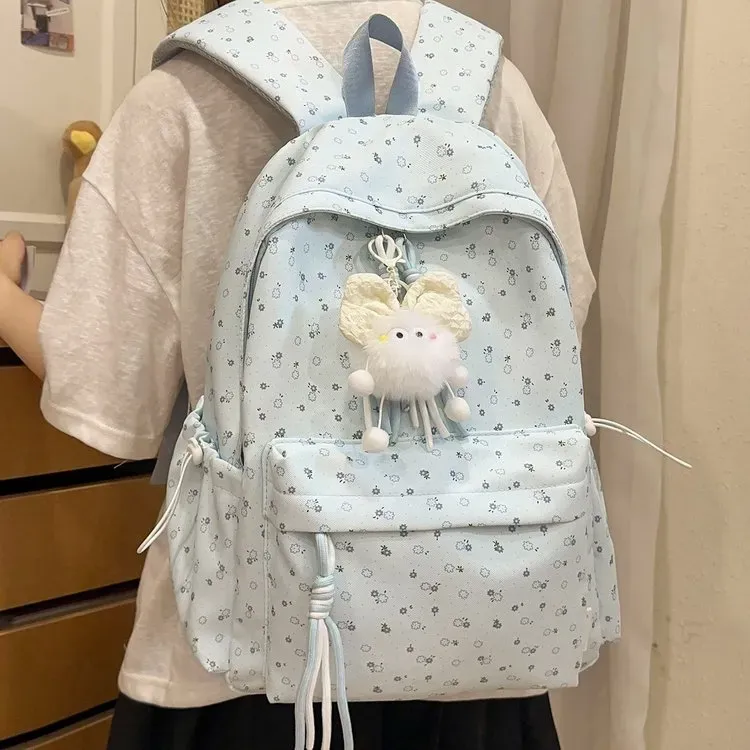 Tas Ransel Wanita Bahan Nylon Motif Print Warna Pink Bentuk Kotak Tali Lebar Resleting Grosir