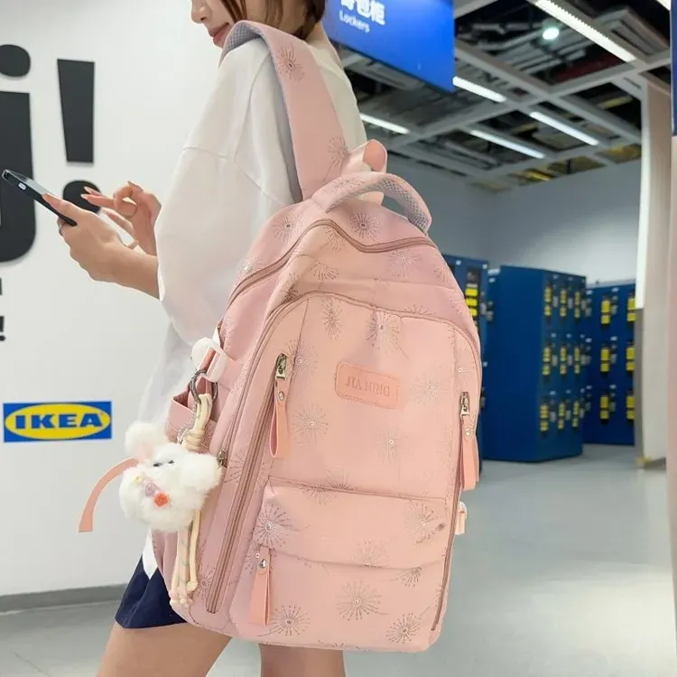 Tas Ransel Wanita Bahan Nylon Motif Print Warna Pink Bentuk Kotak Tali Lebar Resleting Grosir