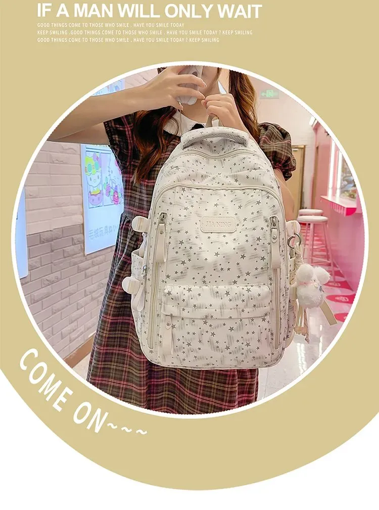 Tas Ransel Wanita Bahan Nylon Motif Print Warna Hitam Bentuk Kotak Tali Lebar Resleting Grosir