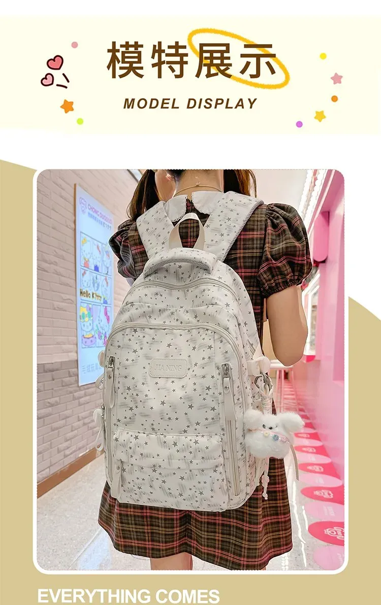 Tas Ransel Wanita Bahan Nylon Motif Print Warna Hitam Bentuk Kotak Tali Lebar Resleting Grosir