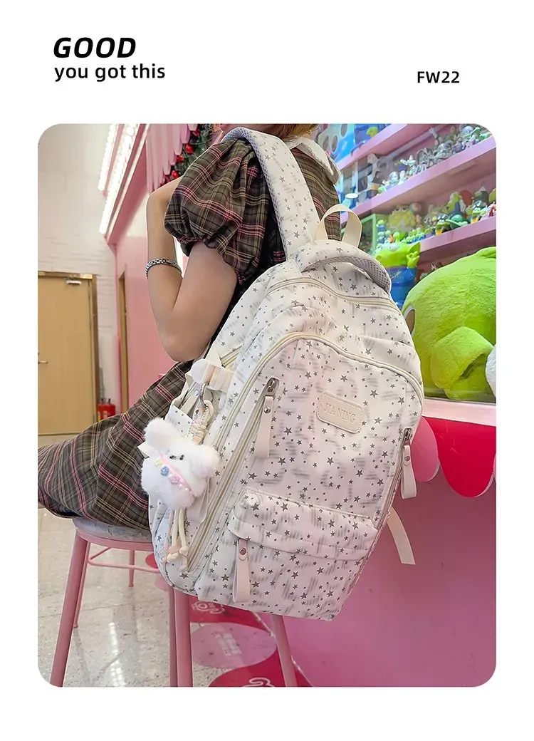 Tas Ransel Wanita Bahan Nylon Motif Print Warna Hitam Bentuk Kotak Tali Lebar Resleting Grosir