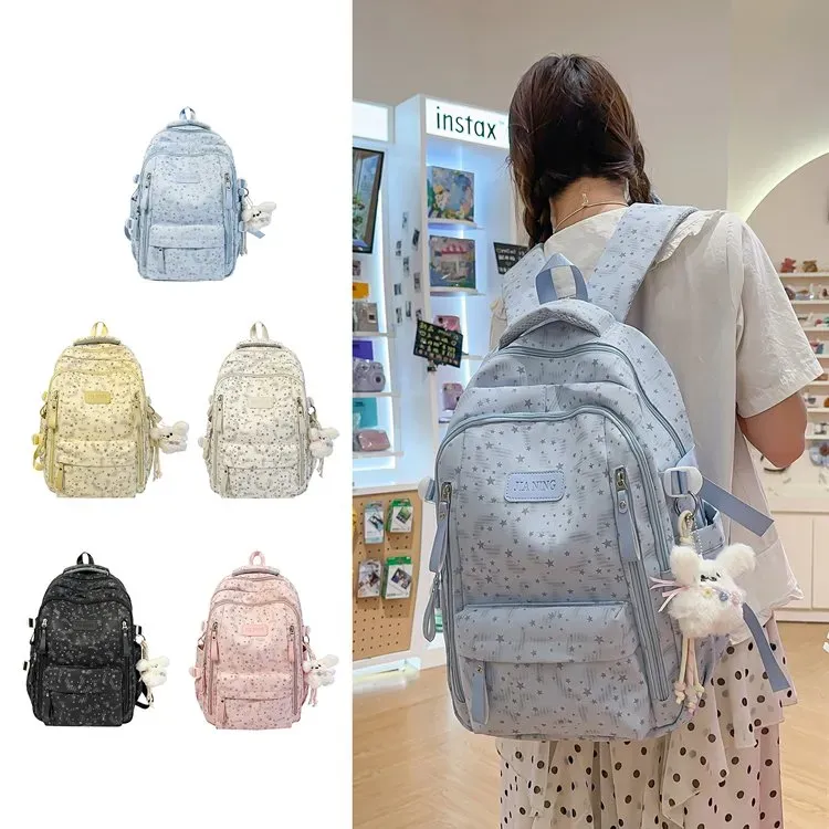 Tas Ransel Wanita Bahan Nylon Motif Print Warna Hitam Bentuk Kotak Tali Lebar Resleting Grosir