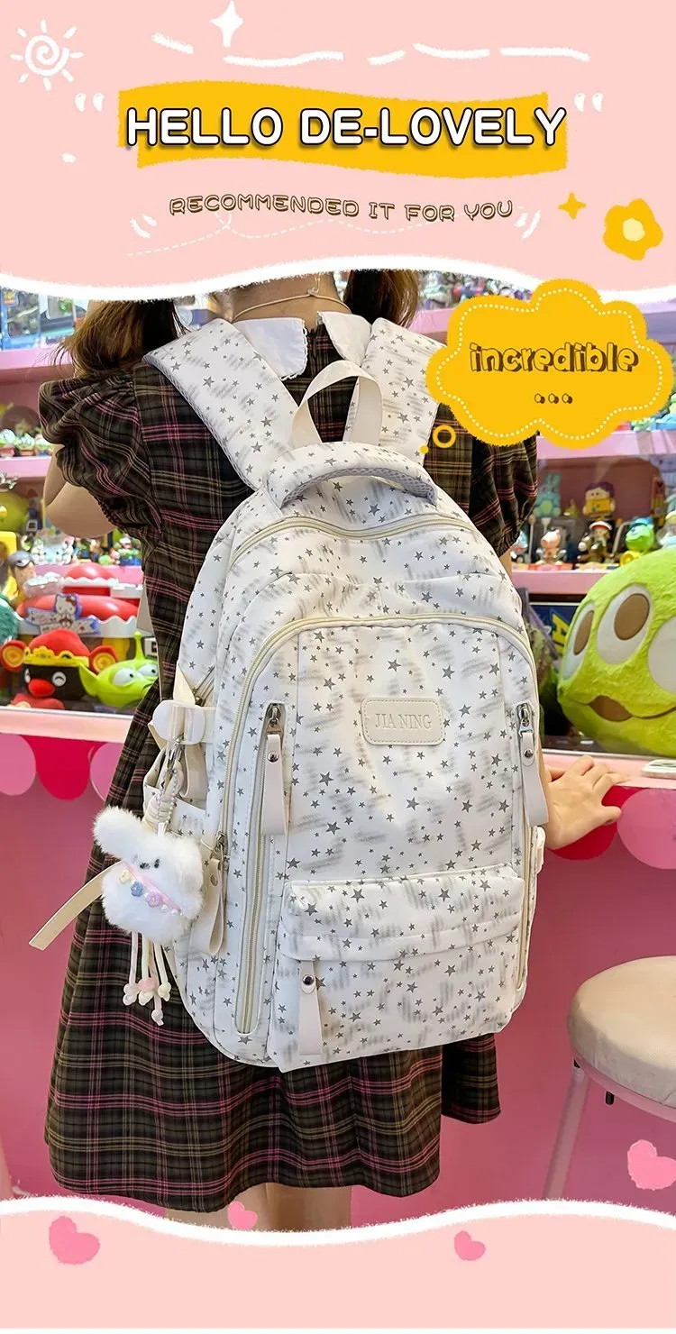 Tas Ransel Wanita Bahan Nylon Motif Print Warna Hitam Bentuk Kotak Tali Lebar Resleting Grosir