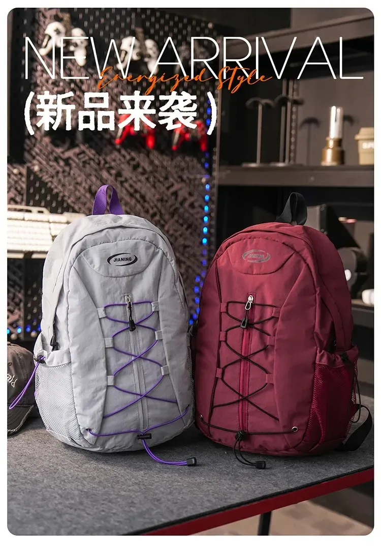 Tas Ransel Wanita Bahan Nylon Polos Warna Abu-Abu Bentuk Kotak Tali Serut Resleting Grosir