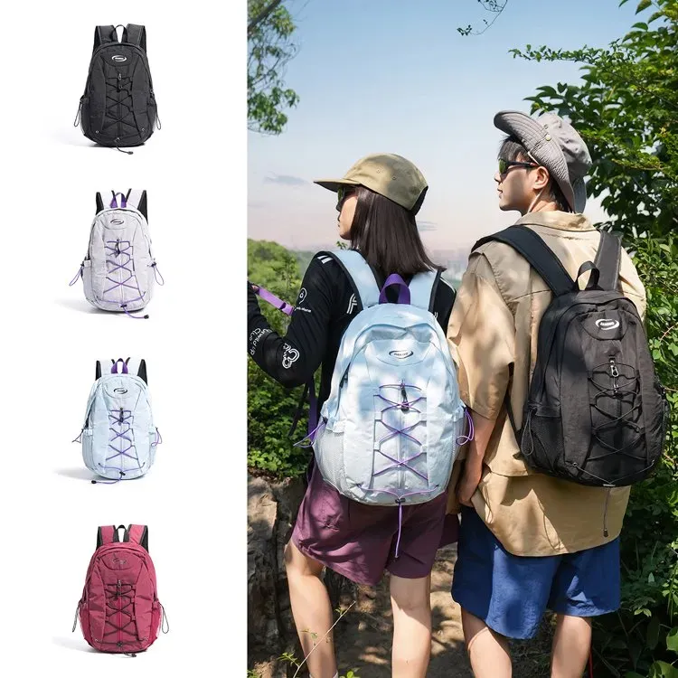 Tas Ransel Wanita Bahan Nylon Polos Warna Abu-Abu Bentuk Kotak Tali Serut Resleting Grosir