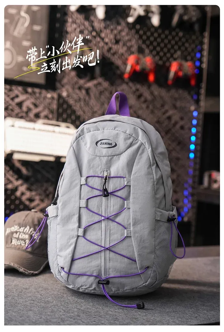 Tas Ransel Wanita Bahan Nylon Polos Warna Abu-Abu Bentuk Kotak Tali Serut Resleting Grosir