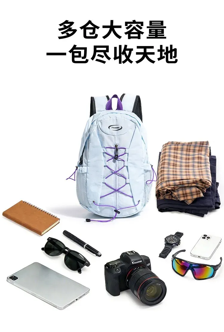 Tas Ransel Wanita Bahan Nylon Polos Warna Abu-Abu Bentuk Kotak Tali Serut Resleting Grosir