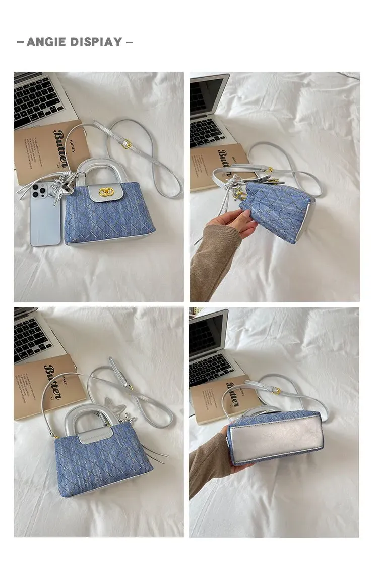 Tas Selempang Wanita Bahan PU Sintetis Model Quilted Warna Biru Bentuk Kotak Dengan Gantungan