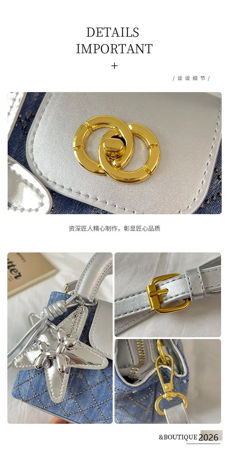 Tas Selempang Wanita Bahan PU Sintetis Model Quilted Warna Biru Bentuk Kotak Dengan Gantungan