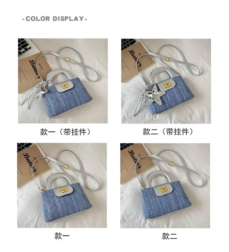 Tas Selempang Wanita Bahan PU Sintetis Model Quilted Warna Biru Bentuk Kotak Dengan Gantungan