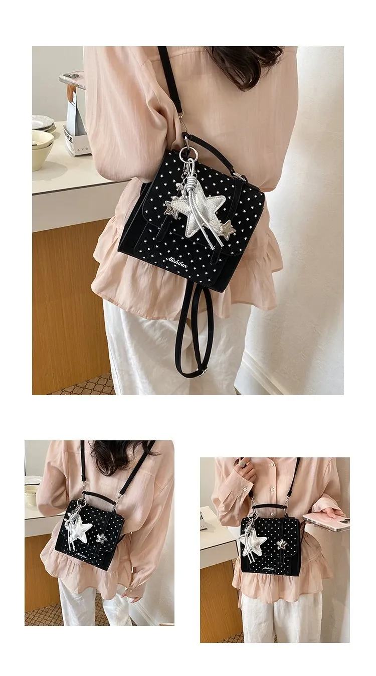 Tas Selempang Wanita Bahan PU Sintetis Motif Polkadot Warna Putih Bentuk Kotak untuk Toko