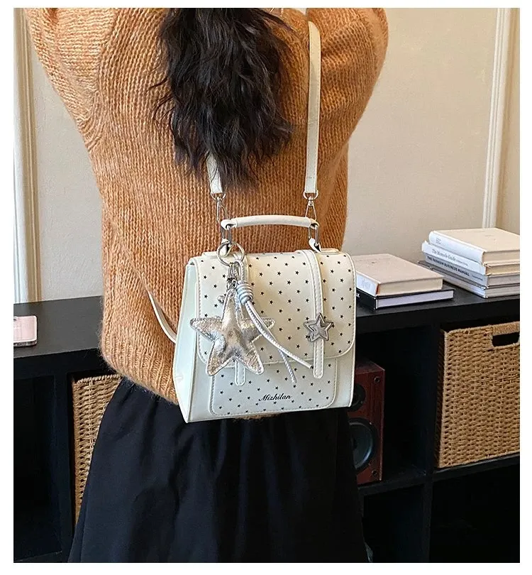 Tas Selempang Wanita Bahan PU Sintetis Motif Polkadot Warna Putih Bentuk Kotak untuk Toko