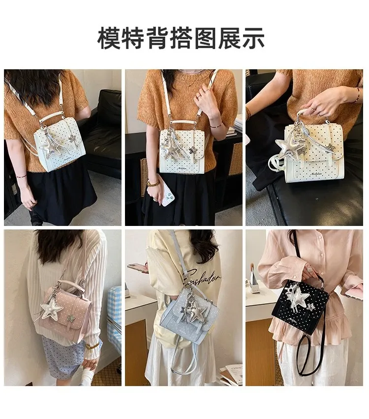 Tas Selempang Wanita Bahan PU Sintetis Motif Polkadot Warna Putih Bentuk Kotak untuk Toko
