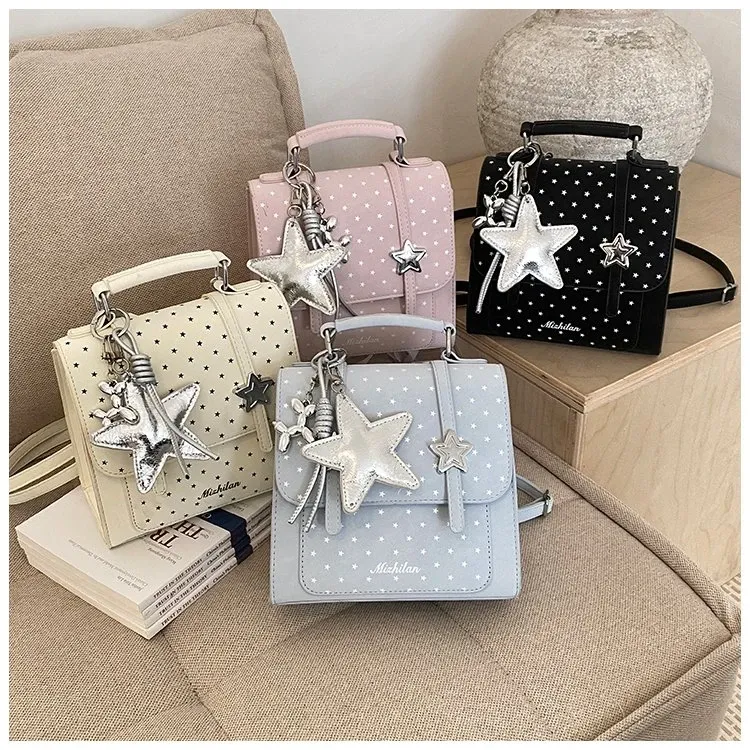 Tas Selempang Wanita Bahan PU Sintetis Motif Polkadot Warna Putih Bentuk Kotak untuk Toko