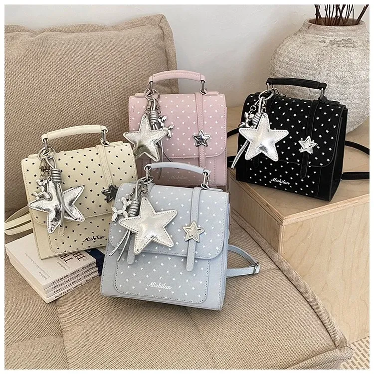 Tas Selempang Wanita Bahan PU Sintetis Motif Polkadot Warna Putih Bentuk Kotak untuk Toko