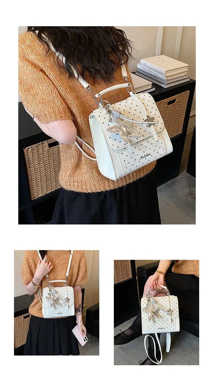 Tas Selempang Wanita Bahan PU Sintetis Motif Polkadot Warna Putih Bentuk Kotak untuk Toko