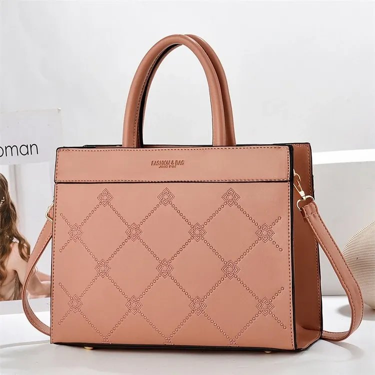 Tas Tote Wanita Bahan PU Sintetis Motif Print Warna Pink Bentuk Kotak Tali Grosir Import