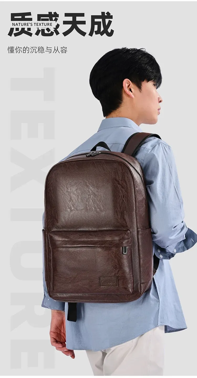 Tas Ransel Pria Bahan PU Sintetis Polos Warna Hitam Bentuk Kotak Tali Lebar Resleting Grosir