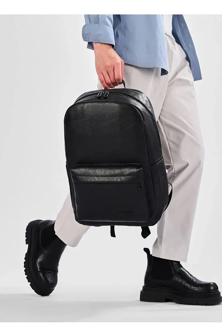 Tas Ransel Pria Bahan PU Sintetis Polos Warna Hitam Bentuk Kotak Tali Lebar Resleting Grosir