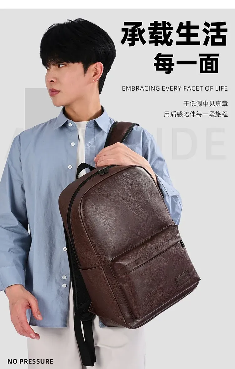 Tas Ransel Pria Bahan PU Sintetis Polos Warna Hitam Bentuk Kotak Tali Lebar Resleting Grosir