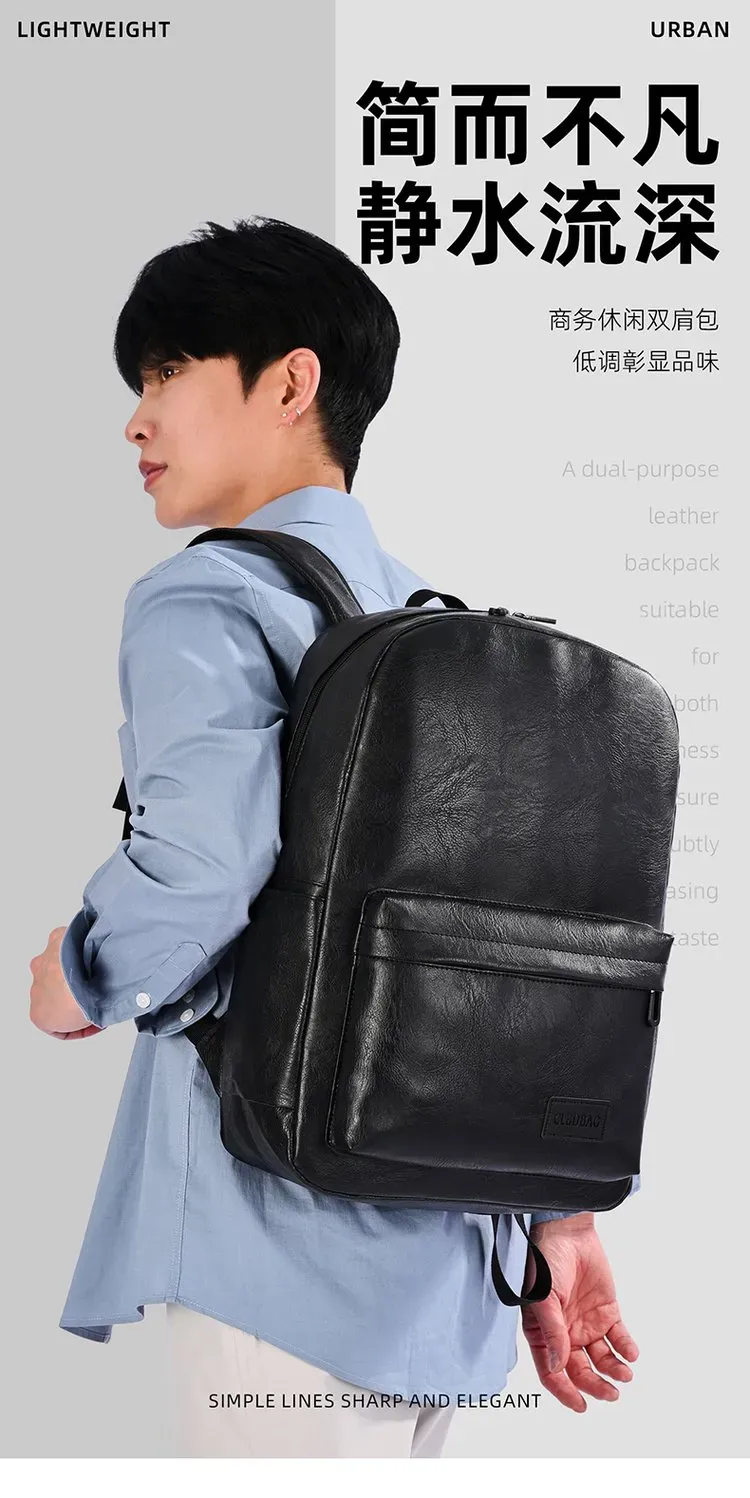 Tas Ransel Pria Bahan PU Sintetis Polos Warna Hitam Bentuk Kotak Tali Lebar Resleting Grosir