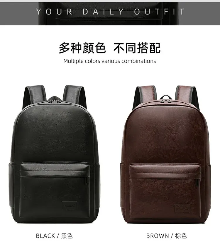 Tas Ransel Pria Bahan PU Sintetis Polos Warna Hitam Bentuk Kotak Tali Lebar Resleting Grosir