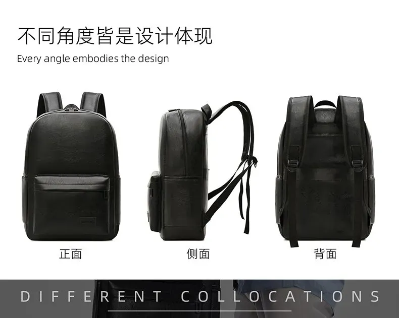 Tas Ransel Pria Bahan PU Sintetis Polos Warna Hitam Bentuk Kotak Tali Lebar Resleting Grosir