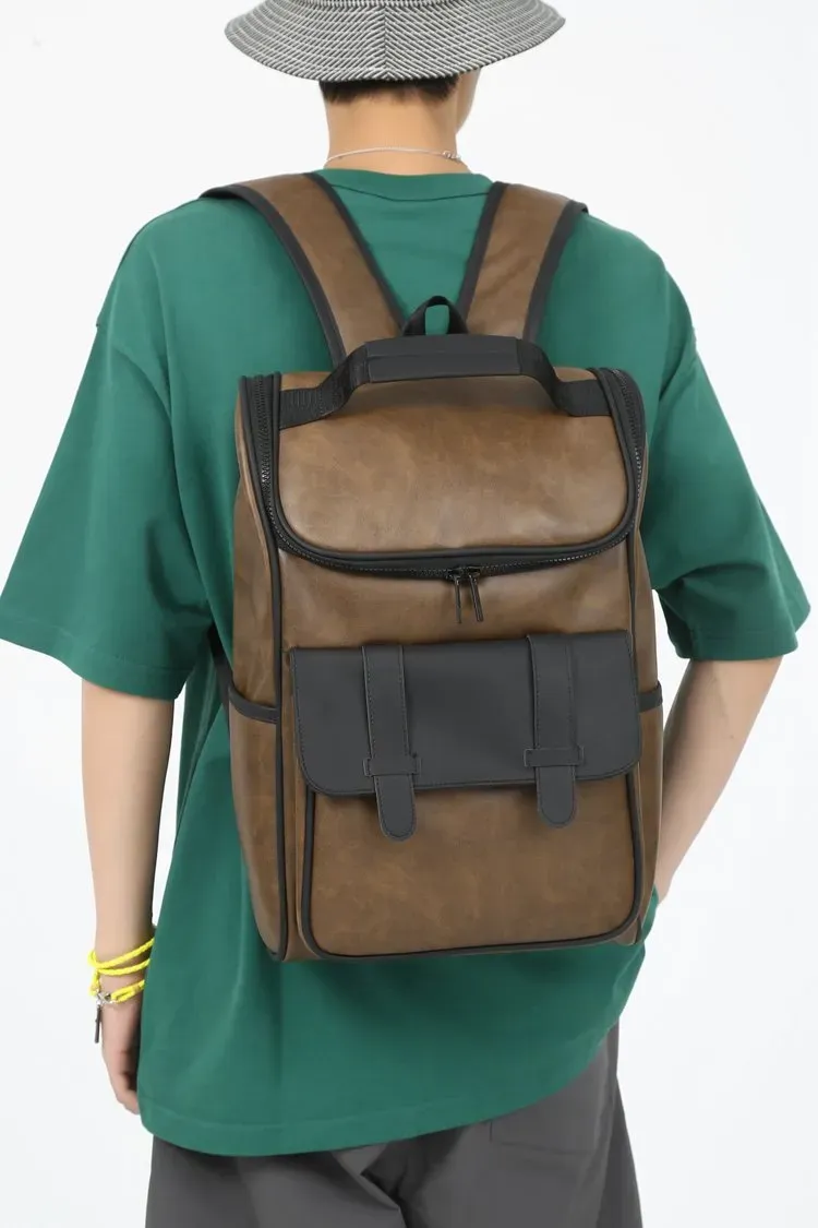 Tas Ransel Pria Bahan PU Sintetis Polos Bentuk Kotak Tali Panjang Resleting Grosir Import