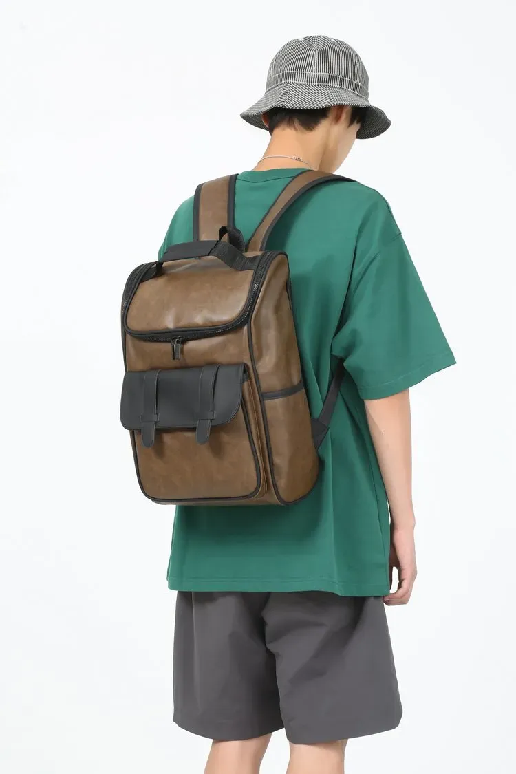 Tas Ransel Pria Bahan PU Sintetis Polos Bentuk Kotak Tali Panjang Resleting Grosir Import