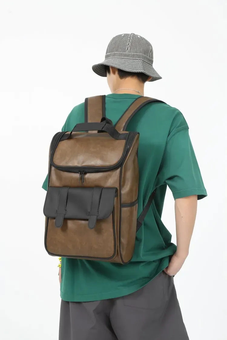 Tas Ransel Pria Bahan PU Sintetis Polos Bentuk Kotak Tali Panjang Resleting Grosir Import