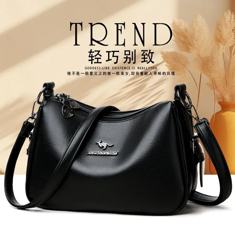Tas Selempang Wanita Bahan PU Sintetis Polos Warna Hitam Model Hobo Tali Panjang Resleting