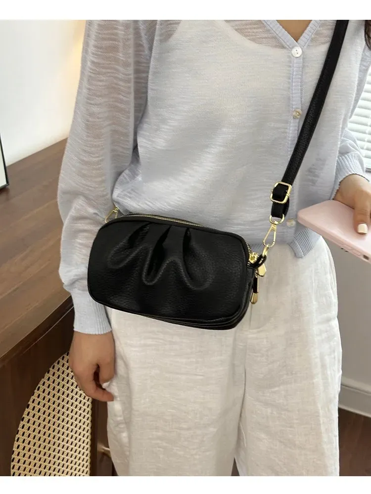 Tas Selempang Wanita Bahan PU Sintetis Polos Bentuk Kotak Tali Panjang Resleting Model