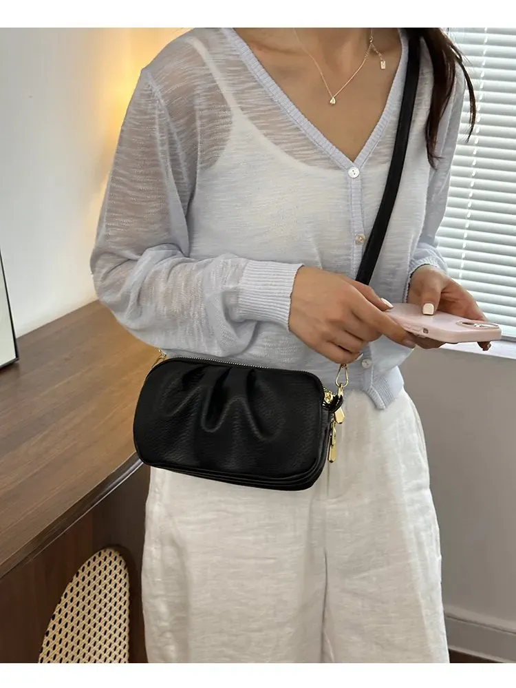 Tas Selempang Wanita Bahan PU Sintetis Polos Bentuk Kotak Tali Panjang Resleting Model