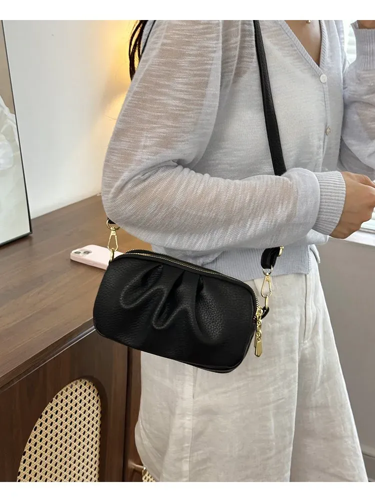 Tas Selempang Wanita Bahan PU Sintetis Polos Bentuk Kotak Tali Panjang Resleting Model