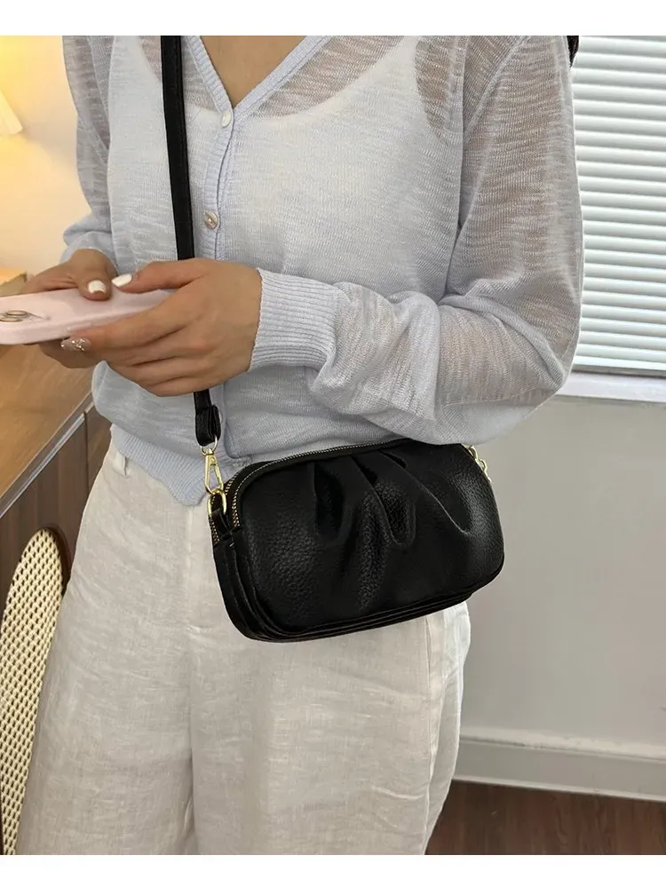 Tas Selempang Wanita Bahan PU Sintetis Polos Bentuk Kotak Tali Panjang Resleting Model