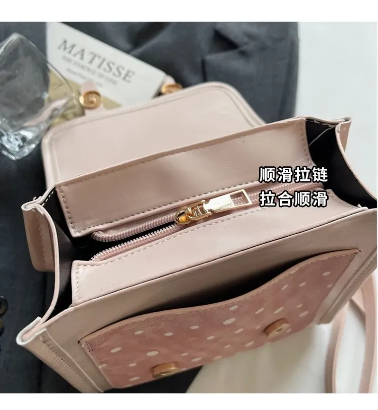 Tas Selempang Wanita Bahan PU Sintetis Motif Polkadot Warna Pink Bentuk Kotak Motif Print