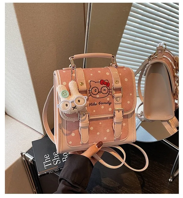 Tas Selempang Wanita Bahan PU Sintetis Motif Polkadot Warna Pink Bentuk Kotak Motif Print