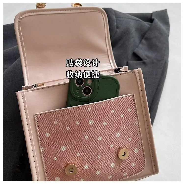 Tas Selempang Wanita Bahan PU Sintetis Motif Polkadot Warna Pink Bentuk Kotak Motif Print