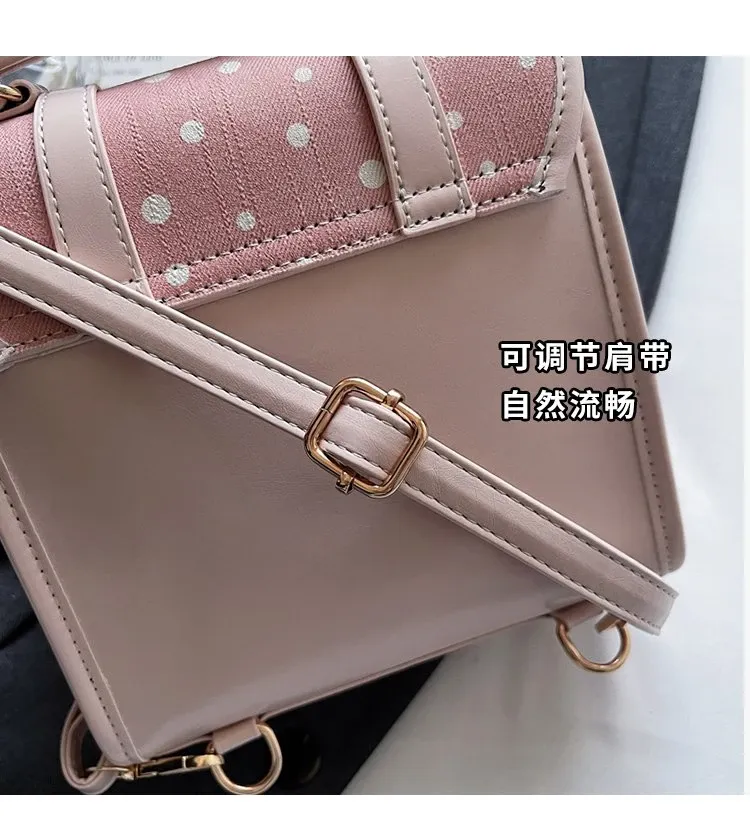 Tas Selempang Wanita Bahan PU Sintetis Motif Polkadot Warna Pink Bentuk Kotak Model Import