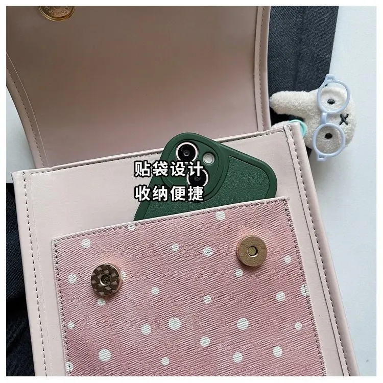 Tas Selempang Wanita Bahan PU Sintetis Motif Polkadot Warna Pink Bentuk Kotak Model Import