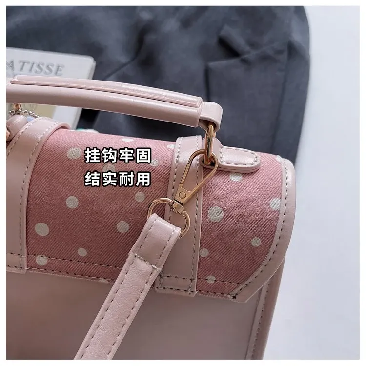Tas Selempang Wanita Bahan PU Sintetis Motif Polkadot Warna Pink Bentuk Kotak Model Import