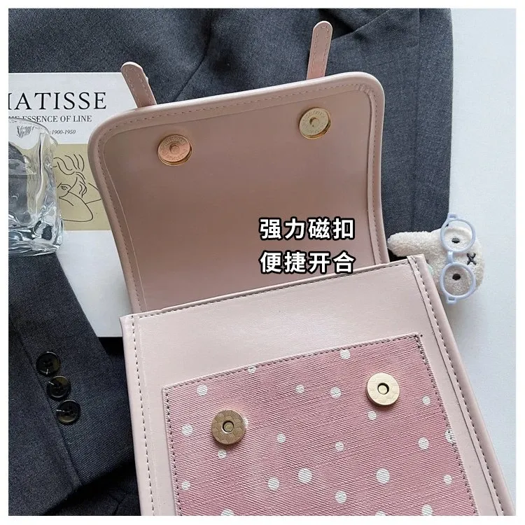 Tas Selempang Wanita Bahan PU Sintetis Motif Polkadot Warna Pink Bentuk Kotak Model Import