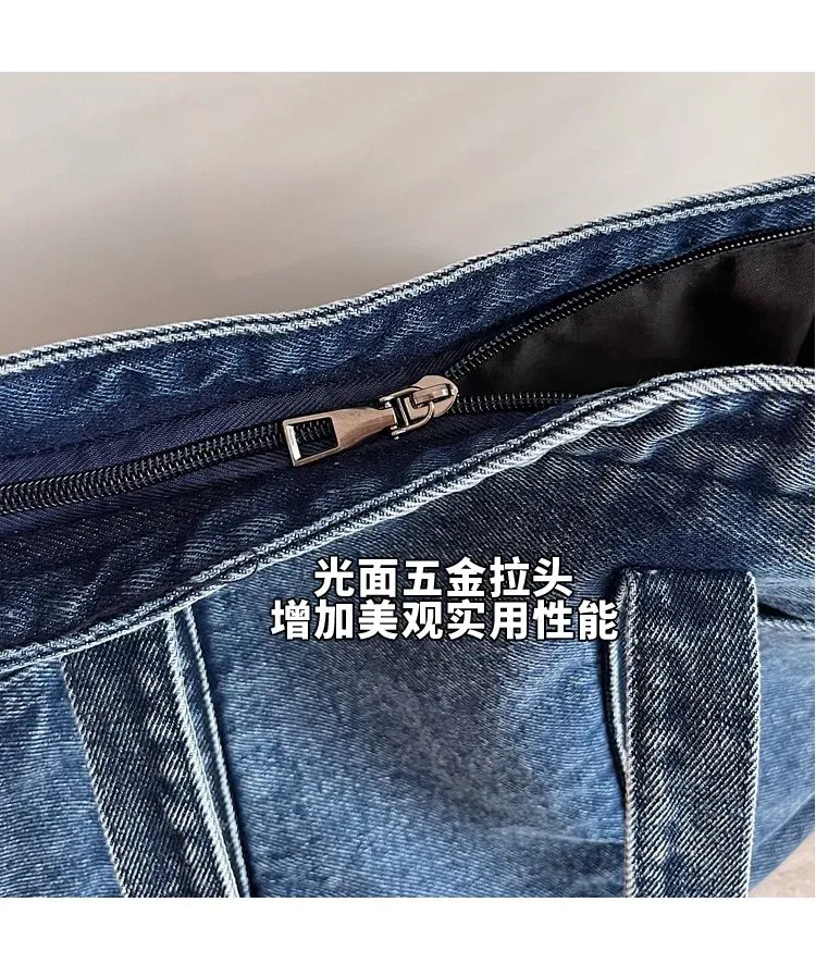 Tas Selempang Wanita Bahan PU Sintetis Polos Warna Biru Bentuk Kotak Tali Lebar Bahan Denim