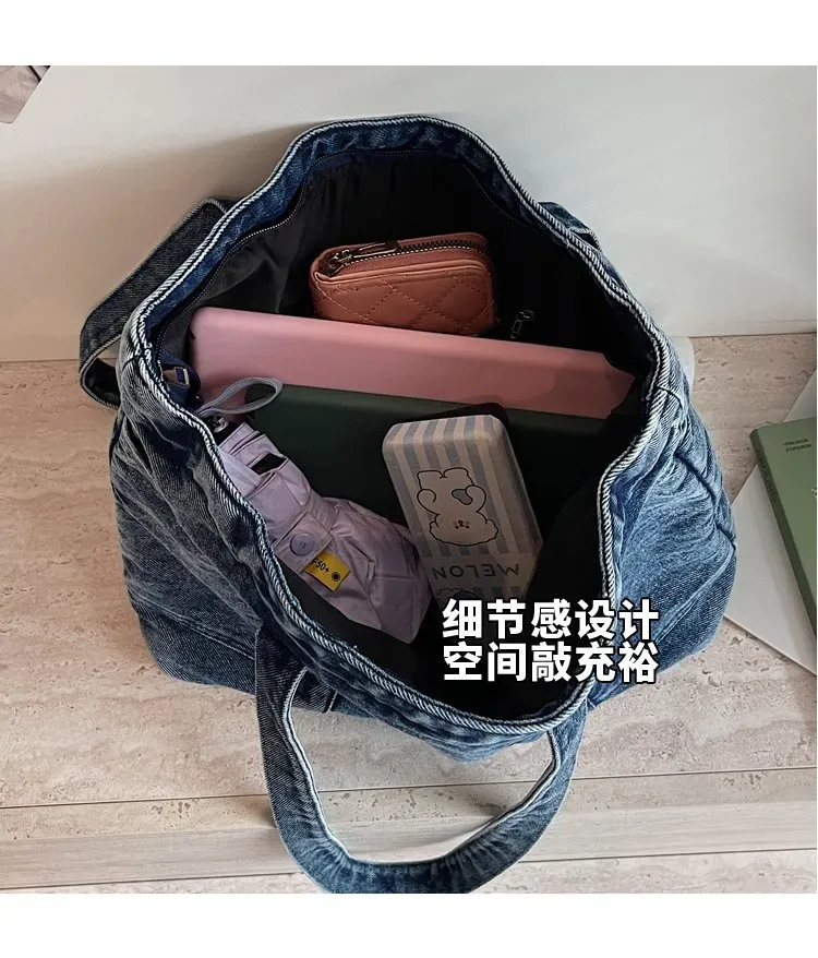 Tas Selempang Wanita Bahan PU Sintetis Polos Warna Biru Bentuk Kotak Tali Lebar Bahan Denim