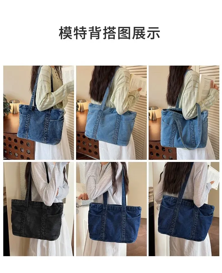 Tas Selempang Wanita Bahan PU Sintetis Polos Warna Biru Bentuk Kotak Tali Lebar Bahan Denim