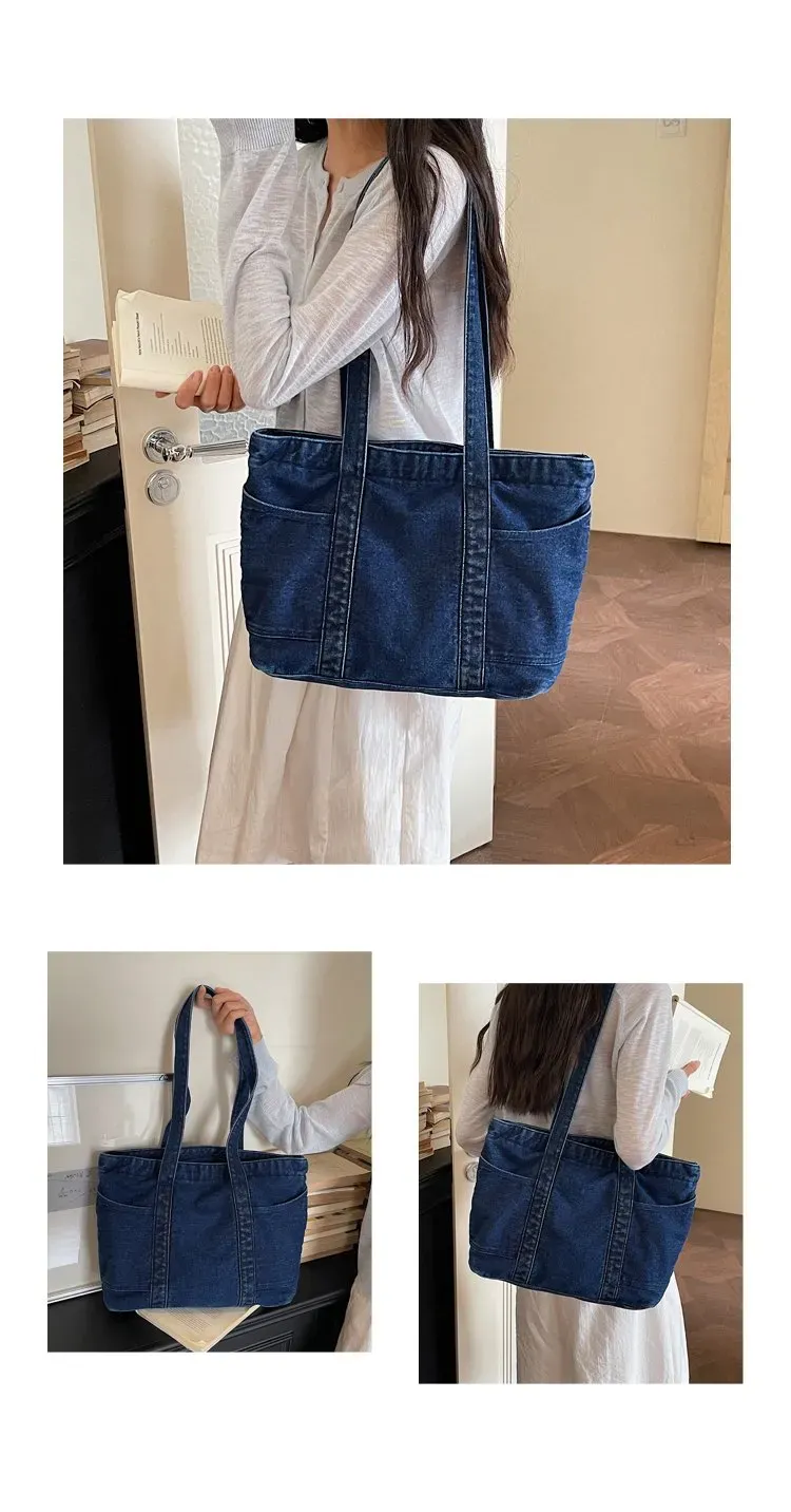 Tas Selempang Wanita Bahan PU Sintetis Polos Warna Biru Bentuk Kotak Tali Lebar Bahan Denim