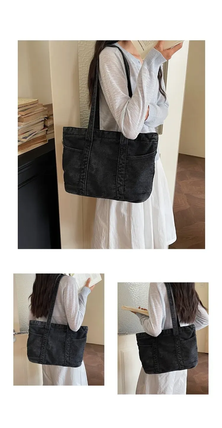 Tas Selempang Wanita Bahan PU Sintetis Polos Warna Biru Bentuk Kotak Tali Lebar Bahan Denim