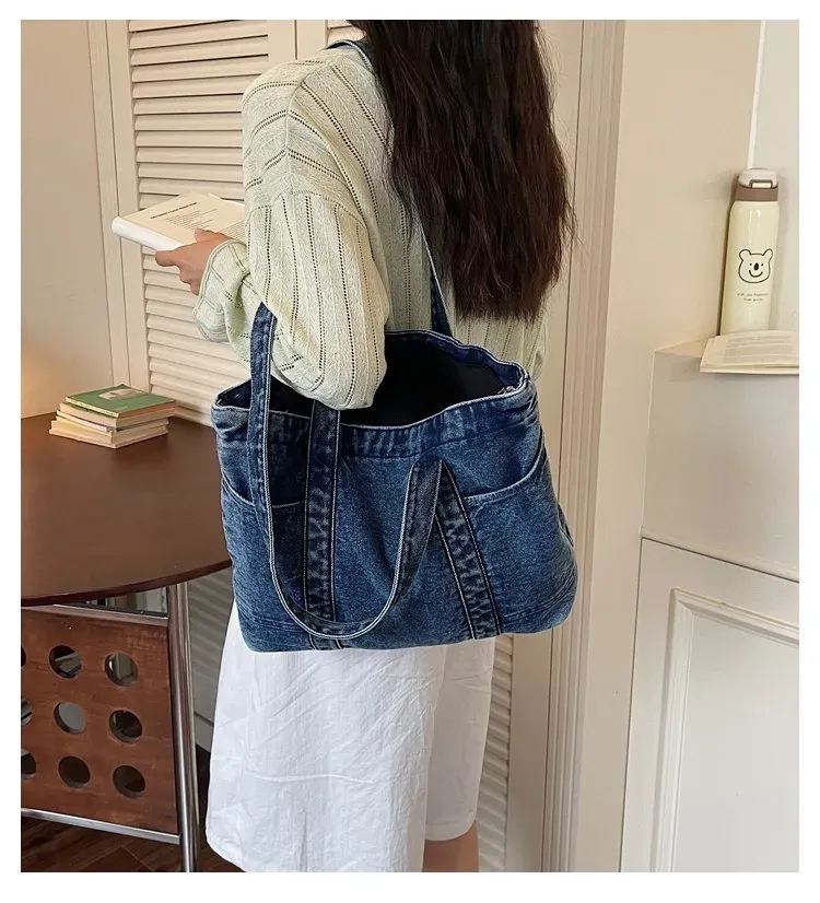 Tas Selempang Wanita Bahan PU Sintetis Polos Warna Biru Bentuk Kotak Tali Lebar Bahan Denim